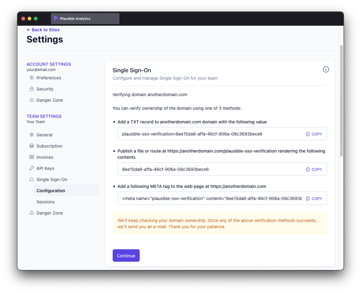 SSO domain verification