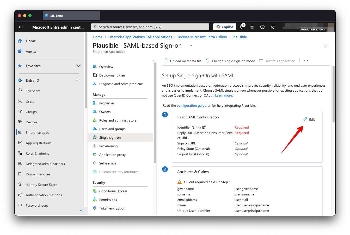 MS Entra basic SAML config